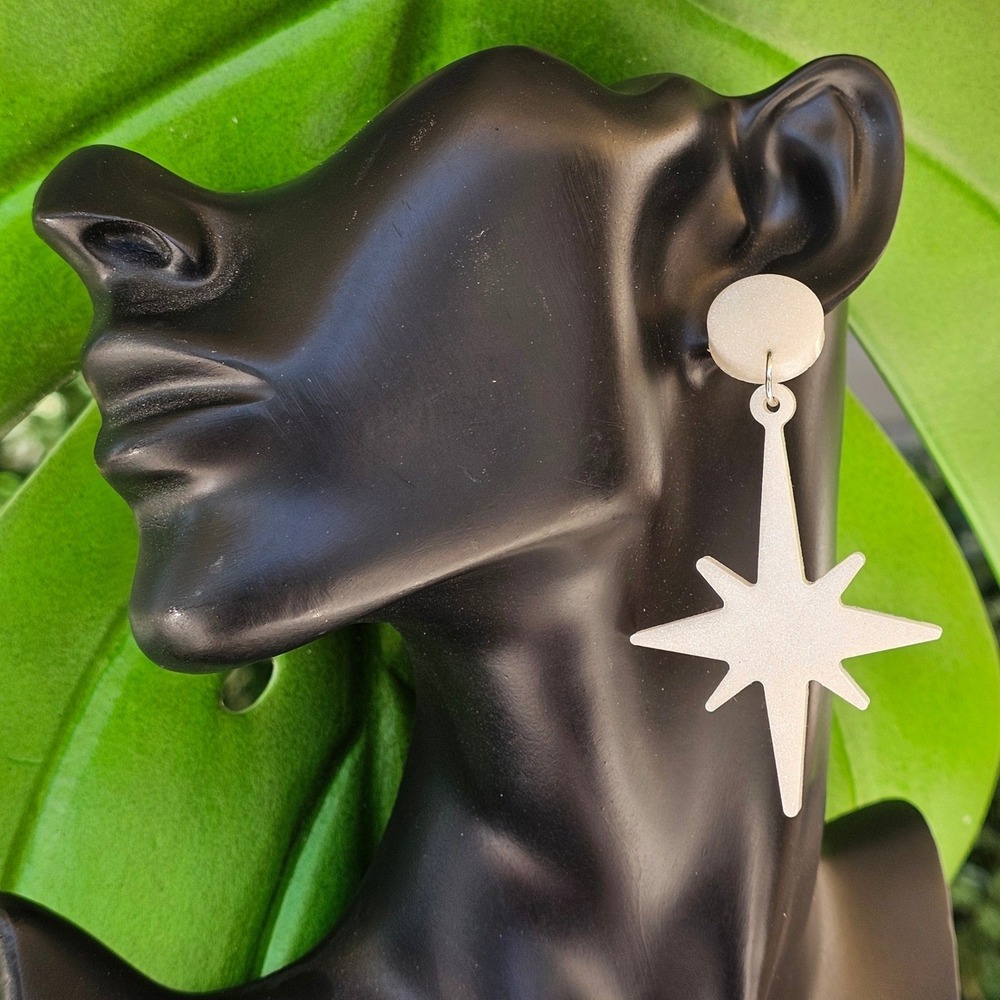 Handmade Starburst Drop Earrings White Glitter Atomic Mod Statement Retro